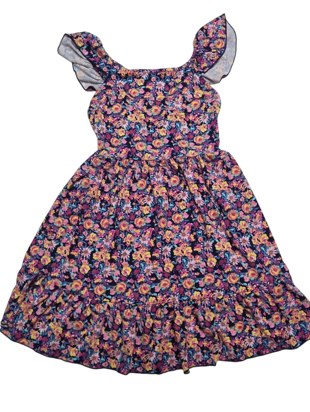 Girls Floral Ruffle Strap Dress - Navy with Pink & Yellow Flowers